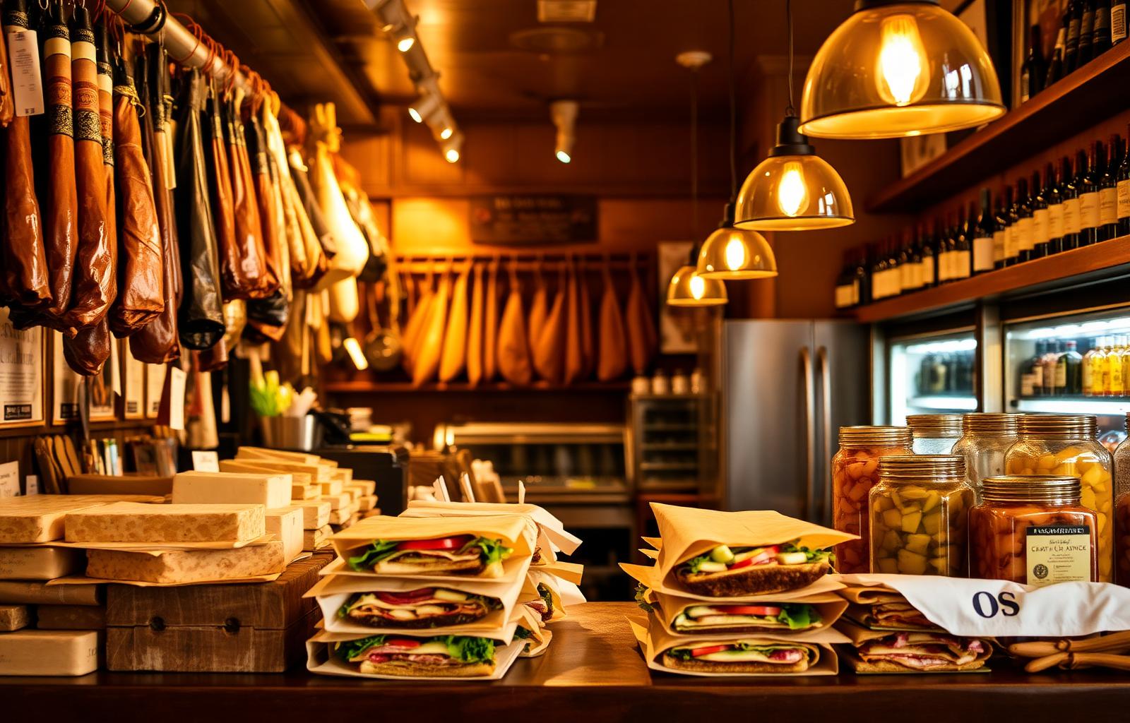 Riverside Deli counter with cured meats, cheeses, and stacked sandwiches